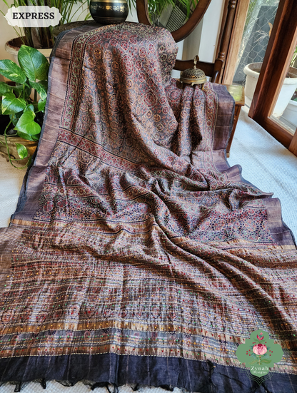 Zynah Golden Brown Pure Tussar Silk Hand Block Print Ajrakh Saree With Hand Embroidery; Custom Stitched/Ready-made Blouse, Fall, Petticoat; SKU: 2409202507