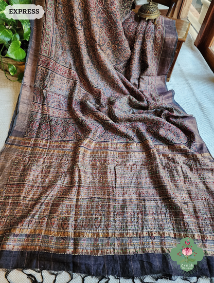 Zynah Golden Brown Pure Tussar Silk Hand Block Print Ajrakh Saree With Hand Embroidery; Custom Stitched/Ready-made Blouse, Fall, Petticoat; SKU: 2409202507