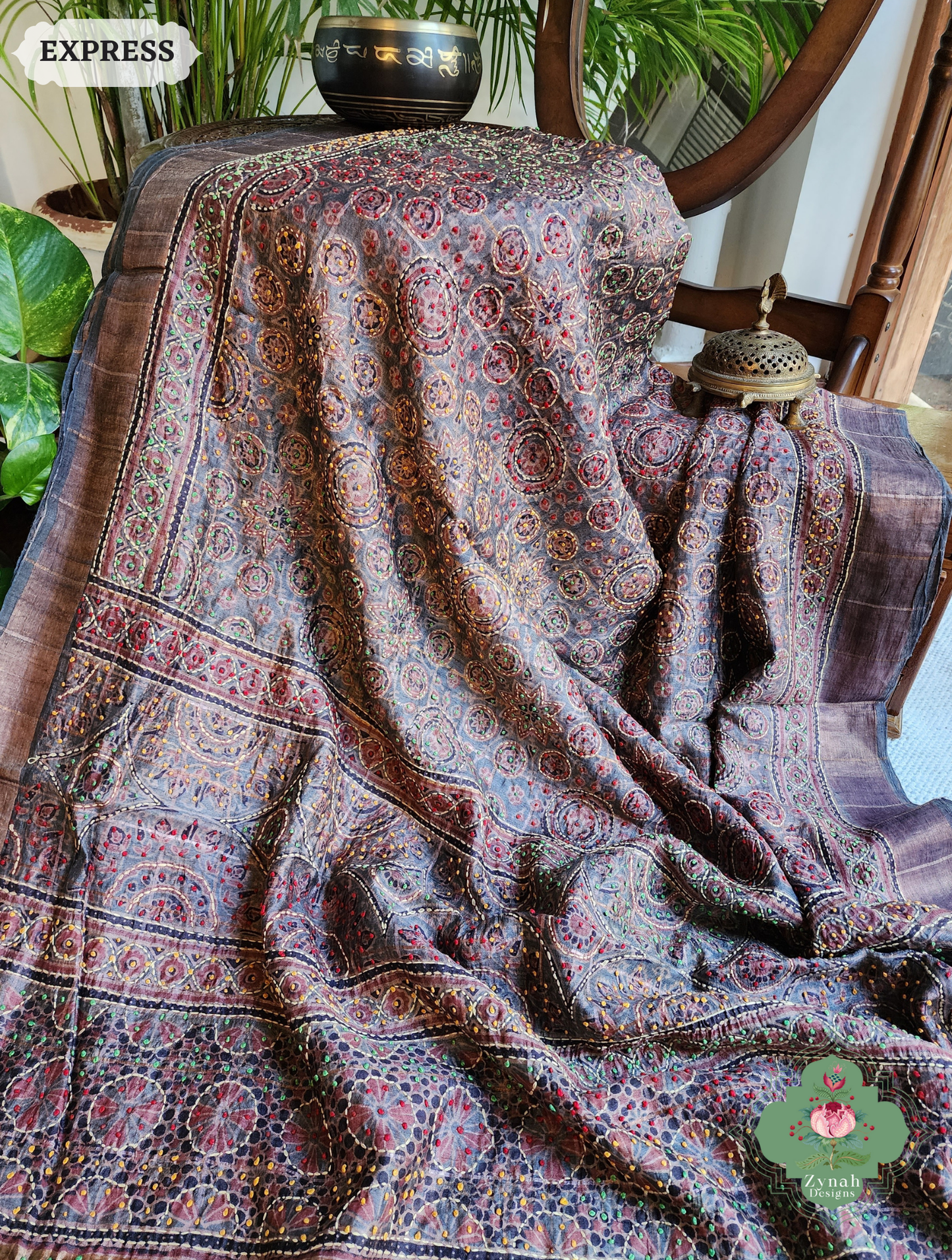 Zynah Golden Brown Pure Tussar Silk Hand Block Print Ajrakh Saree With Hand Embroidery; Custom Stitched/Ready-made Blouse, Fall, Petticoat; SKU: 2409202507