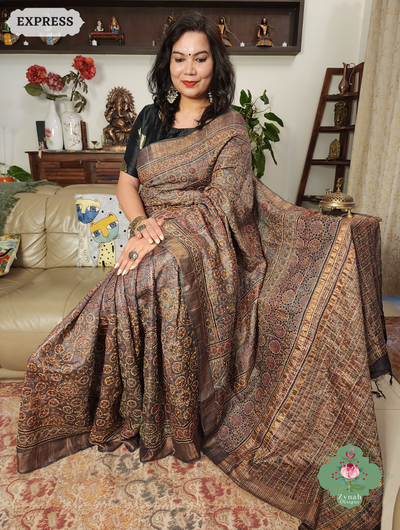 Zynah Golden Brown Pure Tussar Silk Hand Block Print Ajrakh Saree With Hand Embroidery; Custom Stitched/Ready-made Blouse, Fall, Petticoat; SKU: 2409202507