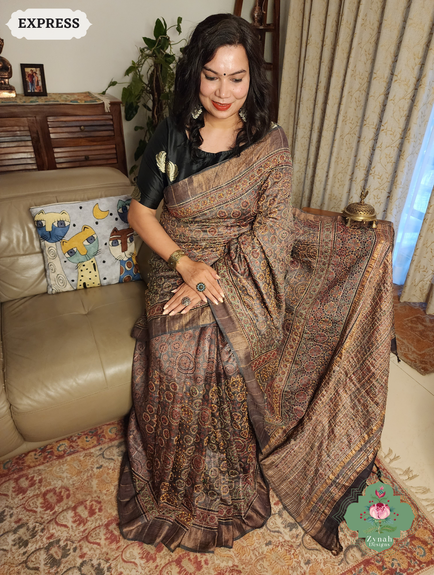 Zynah Golden Brown Pure Tussar Silk Hand Block Print Ajrakh Saree With Hand Embroidery; Custom Stitched/Ready-made Blouse, Fall, Petticoat; SKU: 2409202507