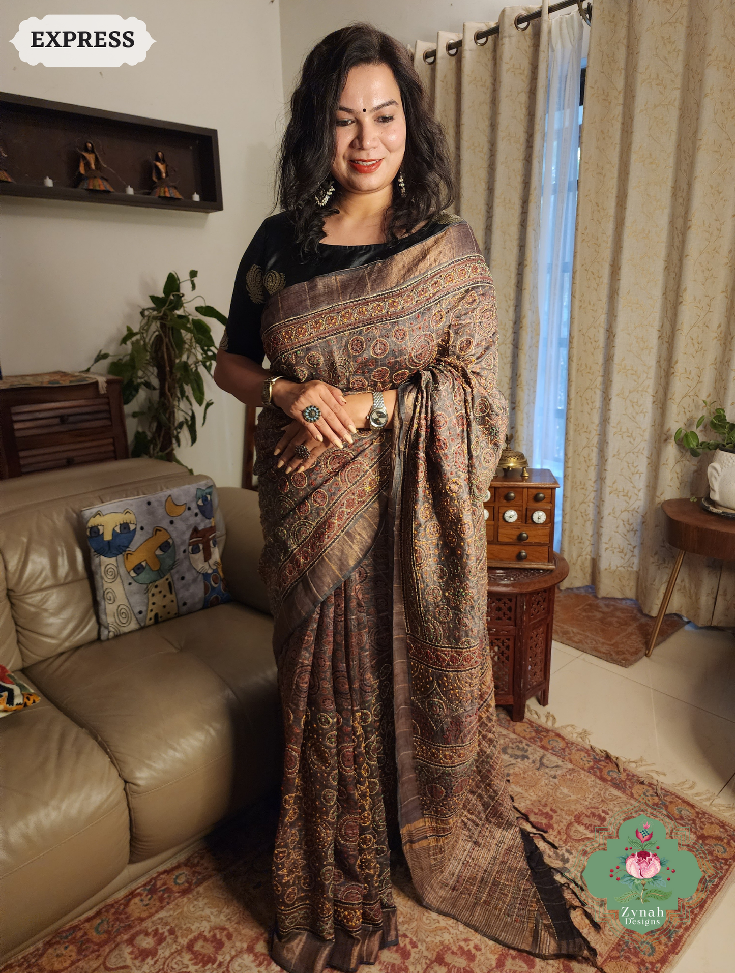 Zynah Golden Brown Pure Tussar Silk Hand Block Print Ajrakh Saree With Hand Embroidery; Custom Stitched/Ready-made Blouse, Fall, Petticoat; SKU: 2409202507