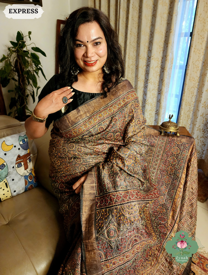 Zynah Golden Brown Pure Tussar Silk Hand Block Print Ajrakh Saree With Hand Embroidery; Custom Stitched/Ready-made Blouse, Fall, Petticoat; SKU: 2409202507