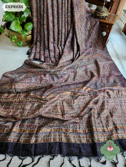 Zynah Golden Brown Pure Tussar Silk Hand Block Print Ajrakh Saree With Hand Embroidery; Custom Stitched/Ready-made Blouse, Fall, Petticoat; SKU: 2409202507