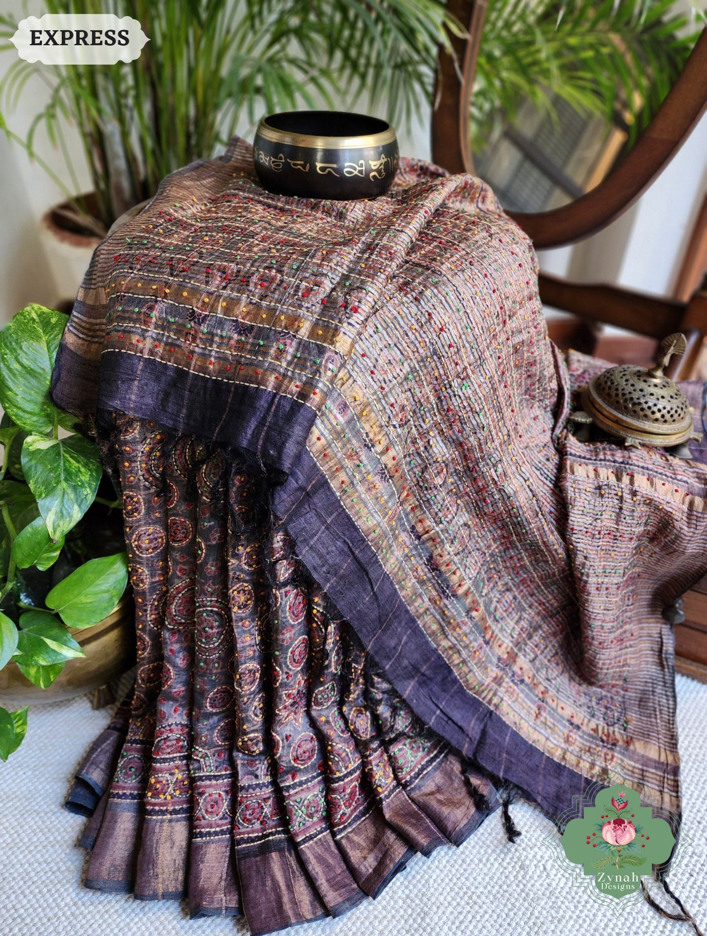 Zynah Golden Brown Pure Tussar Silk Hand Block Print Ajrakh Saree With Hand Embroidery; Custom Stitched/Ready-made Blouse, Fall, Petticoat; SKU: 2409202507