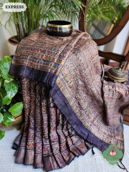 Zynah Golden Brown Pure Tussar Silk Hand Block Print Ajrakh Saree With Hand Embroidery; Custom Stitched/Ready-made Blouse, Fall, Petticoat; SKU: 2409202507