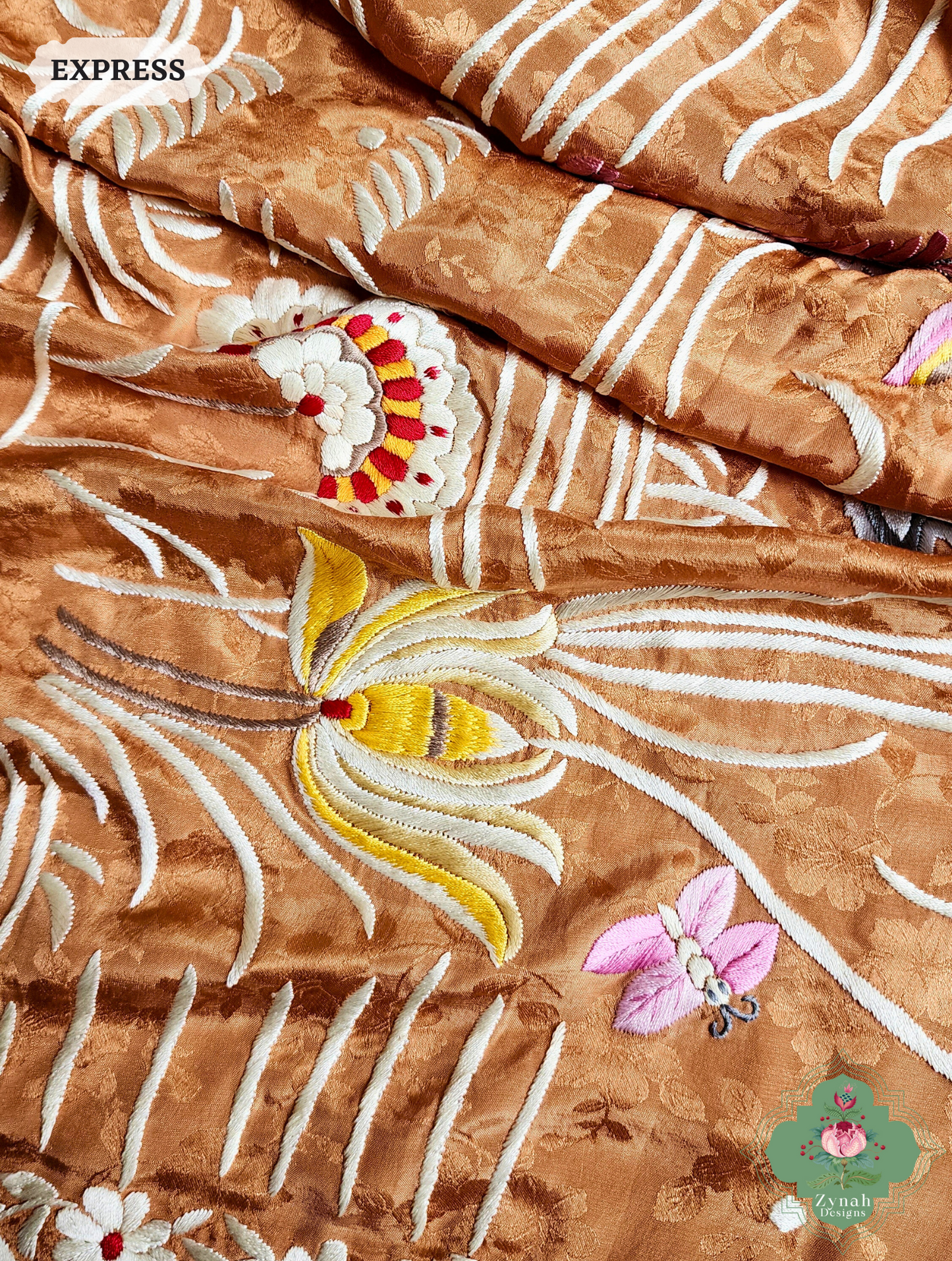 Zynah Golden Brown Crepe Silk Self Weave Hand Embroidered Authentic Parsi Gara Saree; Custom Stitched/Ready-made Blouse, Fall, Petticoat; SKU: 0207202502