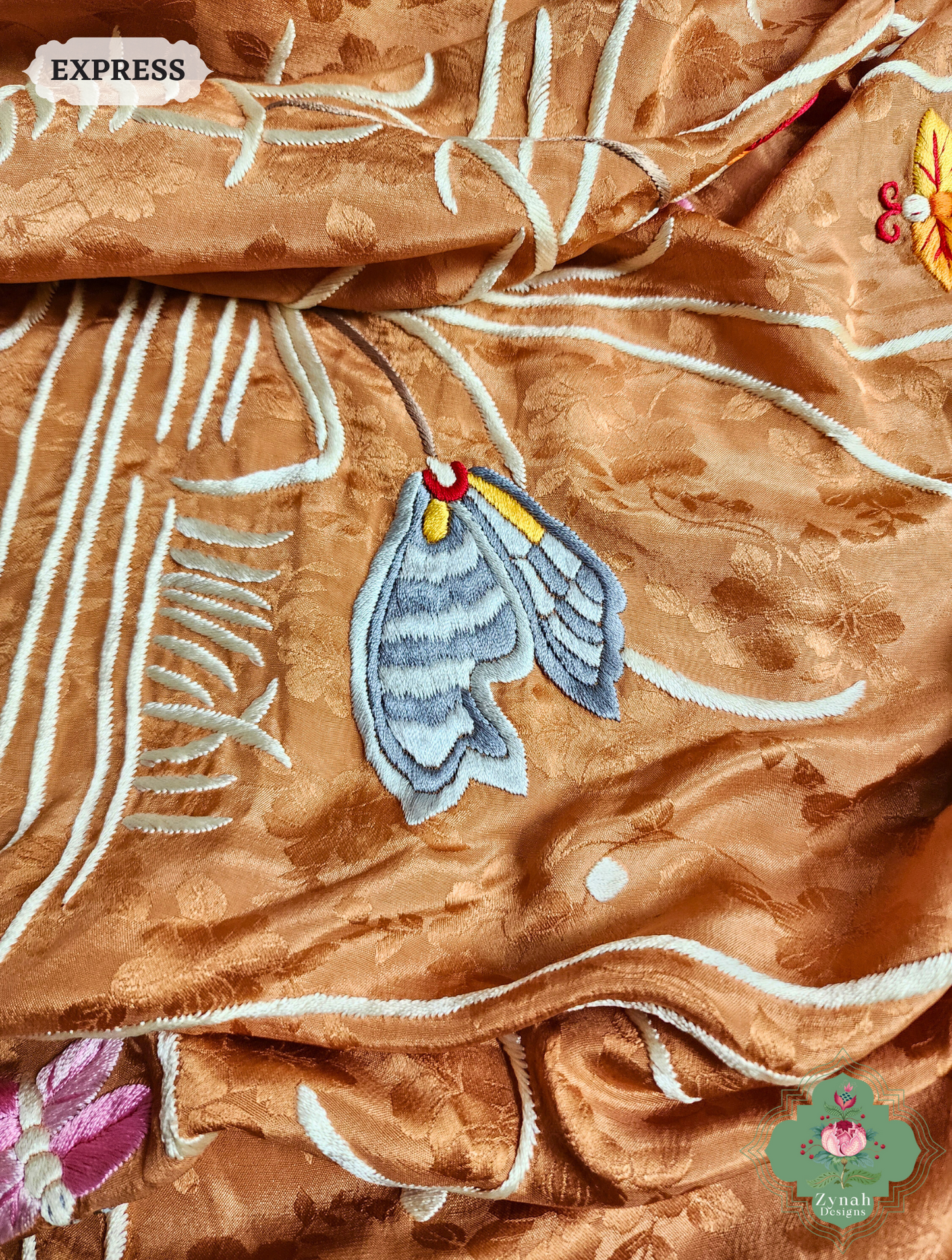 Zynah Golden Brown Crepe Silk Self Weave Hand Embroidered Authentic Parsi Gara Saree; Custom Stitched/Ready-made Blouse, Fall, Petticoat; SKU: 0207202502