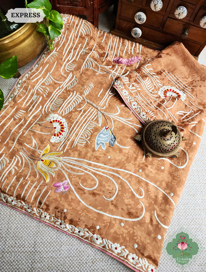 Zynah Golden Brown Crepe Silk Self Weave Hand Embroidered Authentic Parsi Gara Saree; Custom Stitched/Ready-made Blouse, Fall, Petticoat; SKU: 0207202502