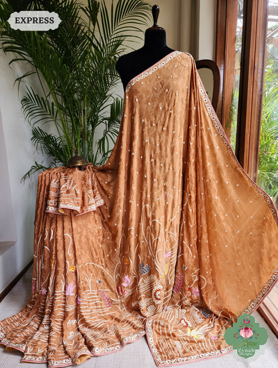 Zynah Golden Brown Crepe Silk Self Weave Hand Embroidered Authentic Parsi Gara Saree; Custom Stitched/Ready-made Blouse, Fall, Petticoat; SKU: 0207202502