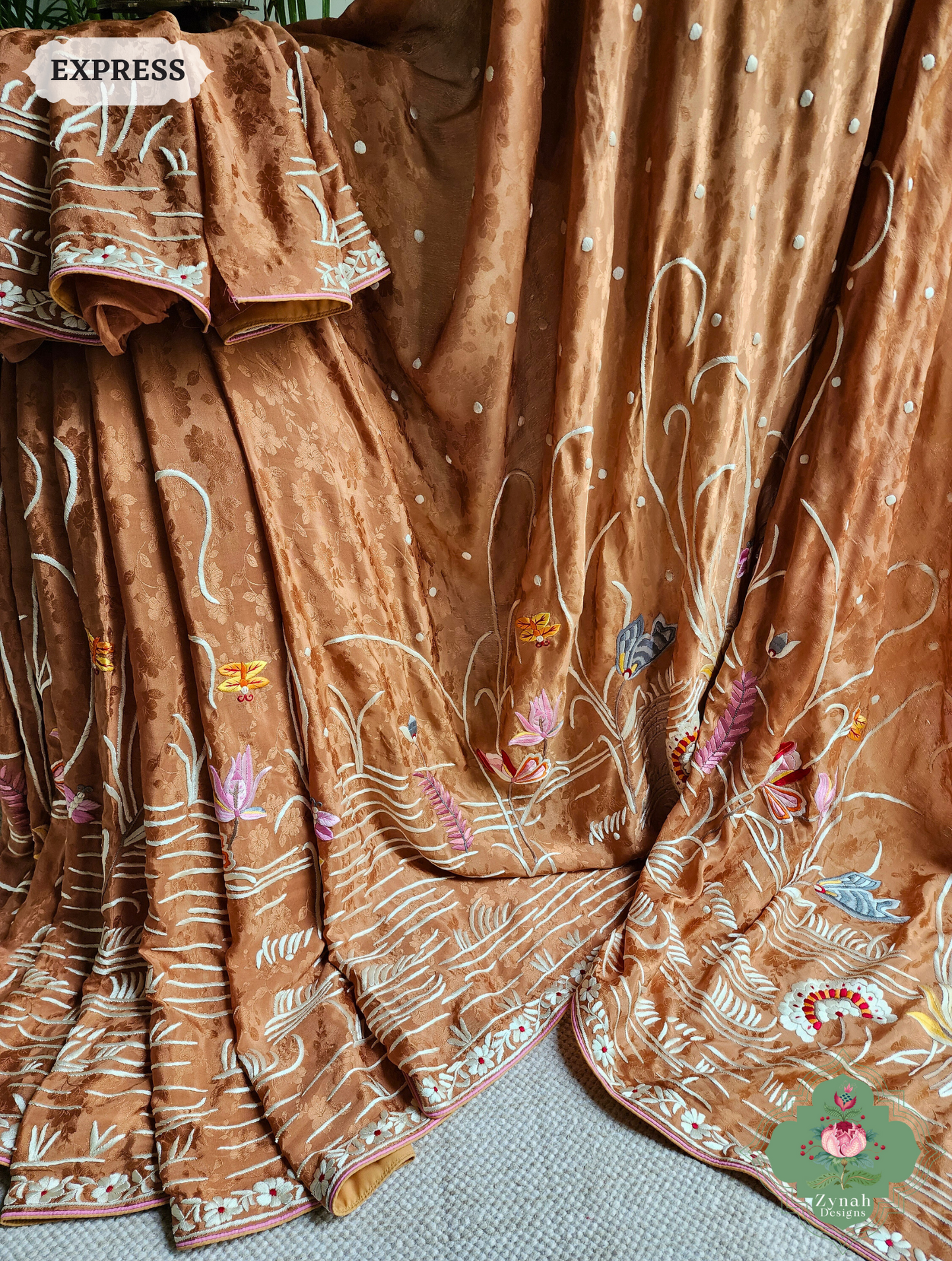 Zynah Golden Brown Crepe Silk Self Weave Hand Embroidered Authentic Parsi Gara Saree; Custom Stitched/Ready-made Blouse, Fall, Petticoat; SKU: 0207202502