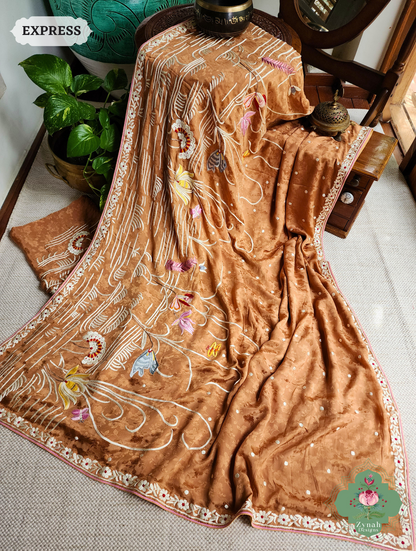 Zynah Golden Brown Crepe Silk Self Weave Hand Embroidered Authentic Parsi Gara Saree; Custom Stitched/Ready-made Blouse, Fall, Petticoat; SKU: 0207202502