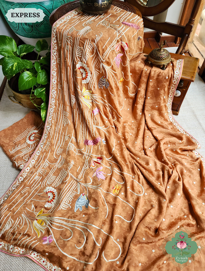 Zynah Golden Brown Crepe Silk Self Weave Hand Embroidered Authentic Parsi Gara Saree; Custom Stitched/Ready-made Blouse, Fall, Petticoat; SKU: 0207202502