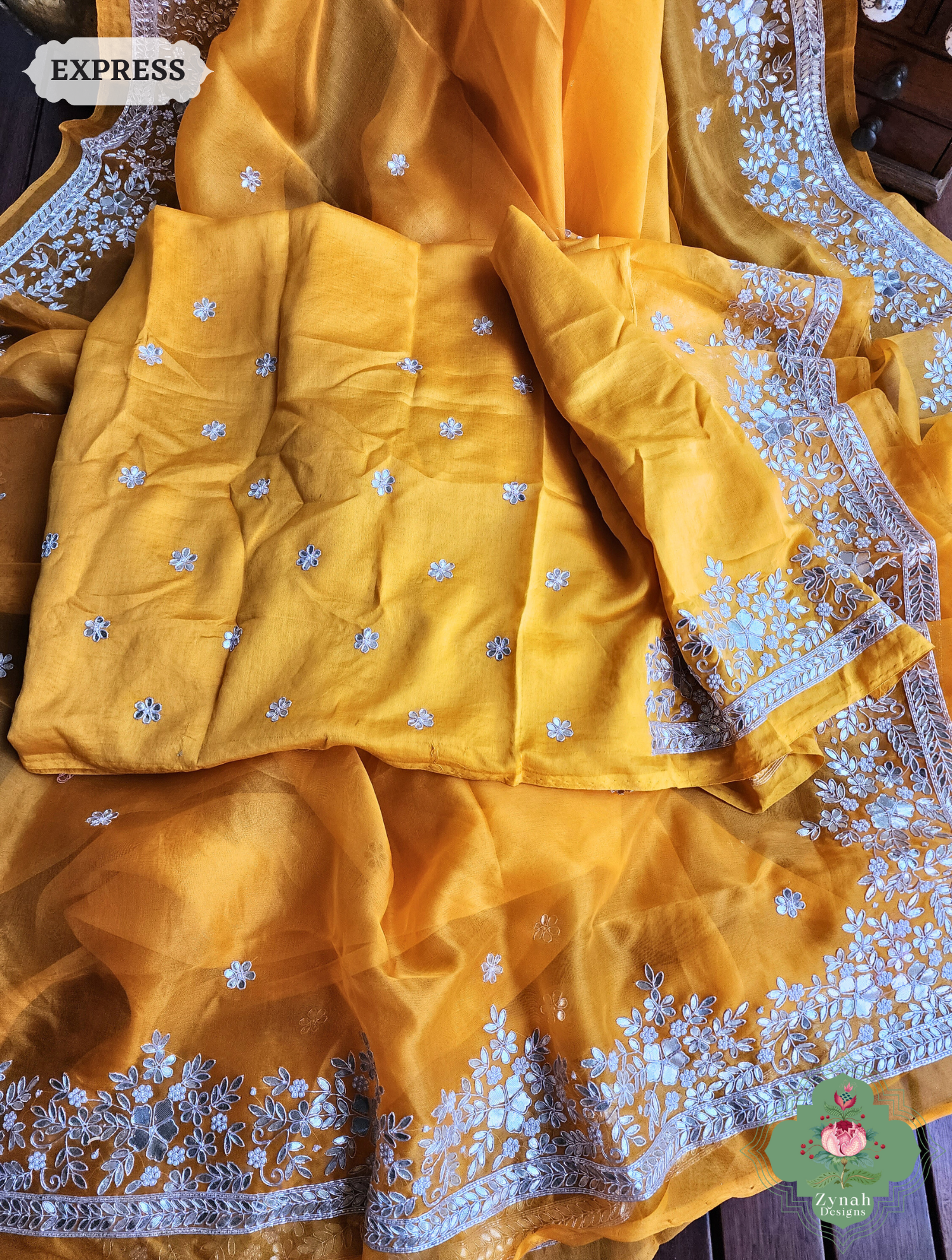 Golden Yellow Organza Silk Saree With Gota Patti & Pearl Hand Embroidery 10