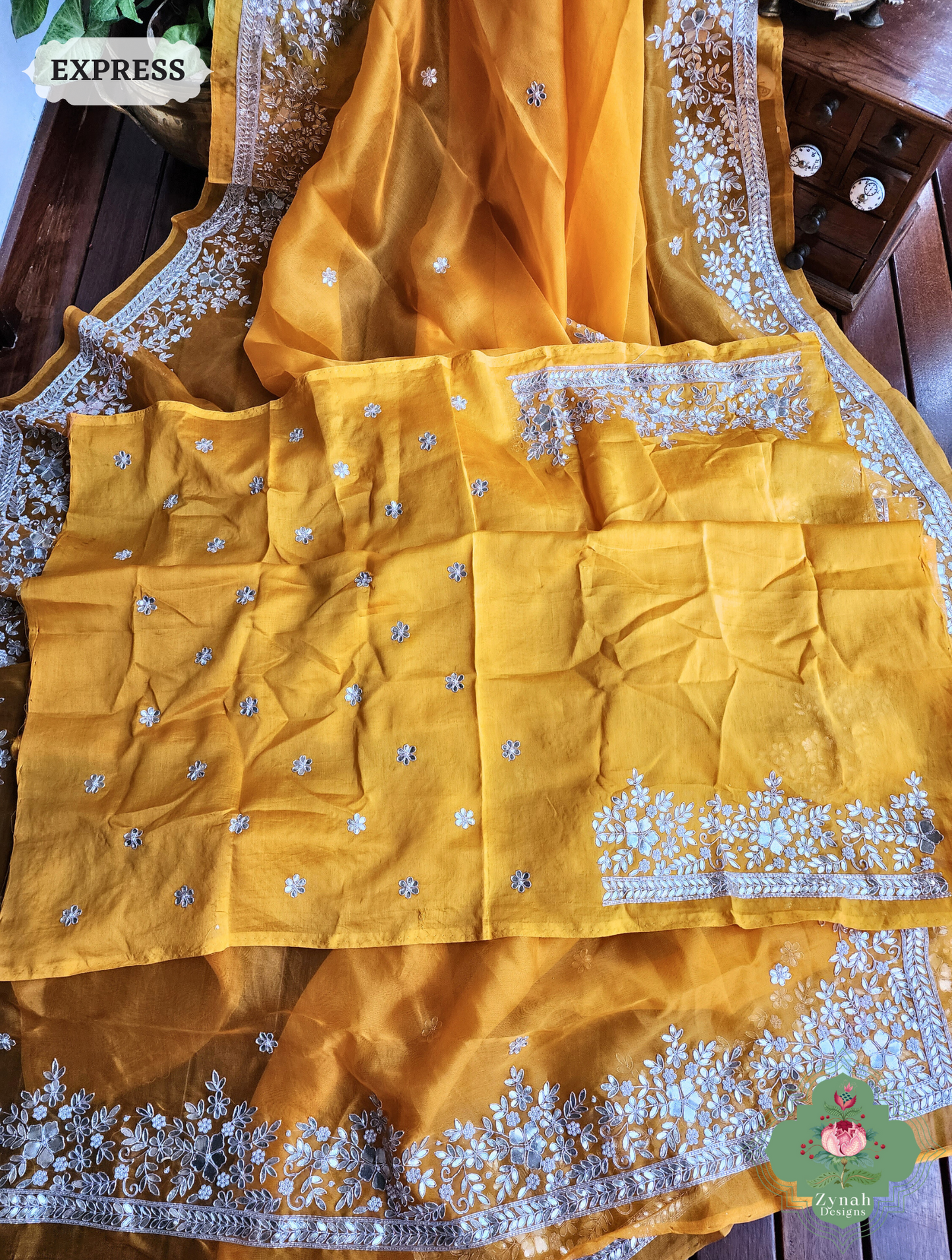 Golden Yellow Organza Silk Saree With Gota Patti & Pearl Hand Embroidery 11