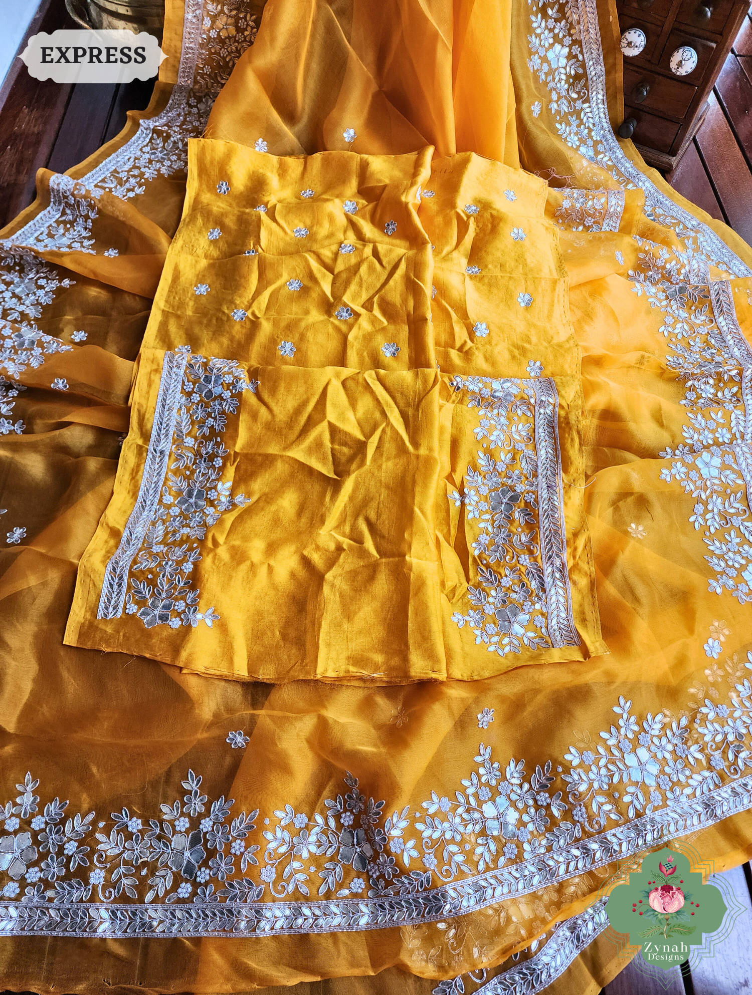 Golden Yellow Organza Silk Saree With Gota Patti & Pearl Hand Embroidery 12