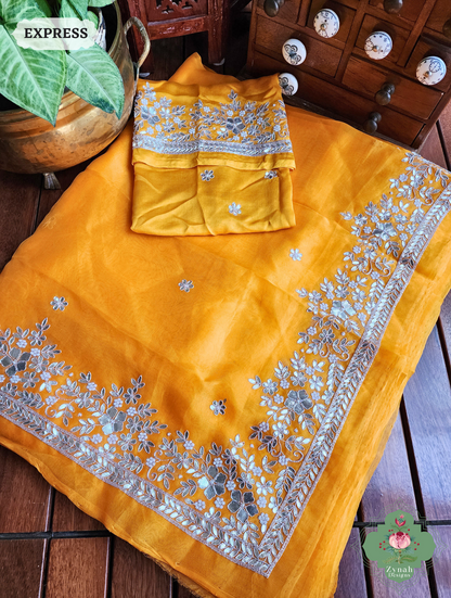 Golden Yellow Organza Silk Saree With Gota Patti & Pearl Hand Embroidery 13