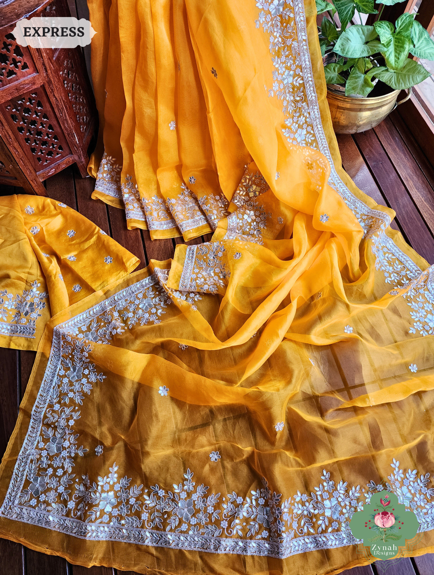 Golden Yellow Organza Silk Saree With Gota Patti & Pearl Hand Embroidery 3