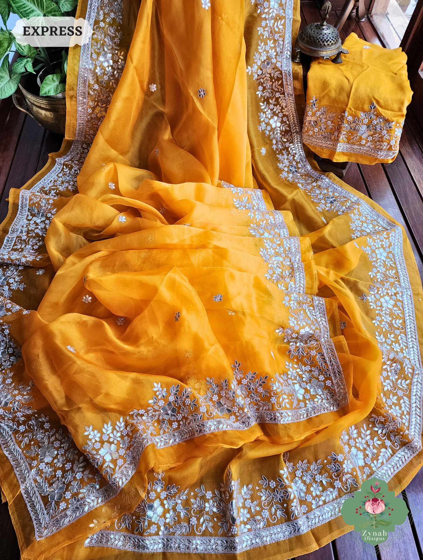 Golden Yellow Organza Silk Saree With Gota Patti & Pearl Hand Embroidery 4