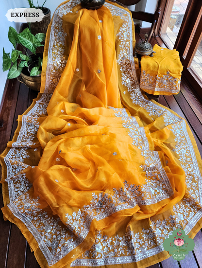 Golden Yellow Organza Silk Saree With Gota Patti & Pearl Hand Embroidery 5