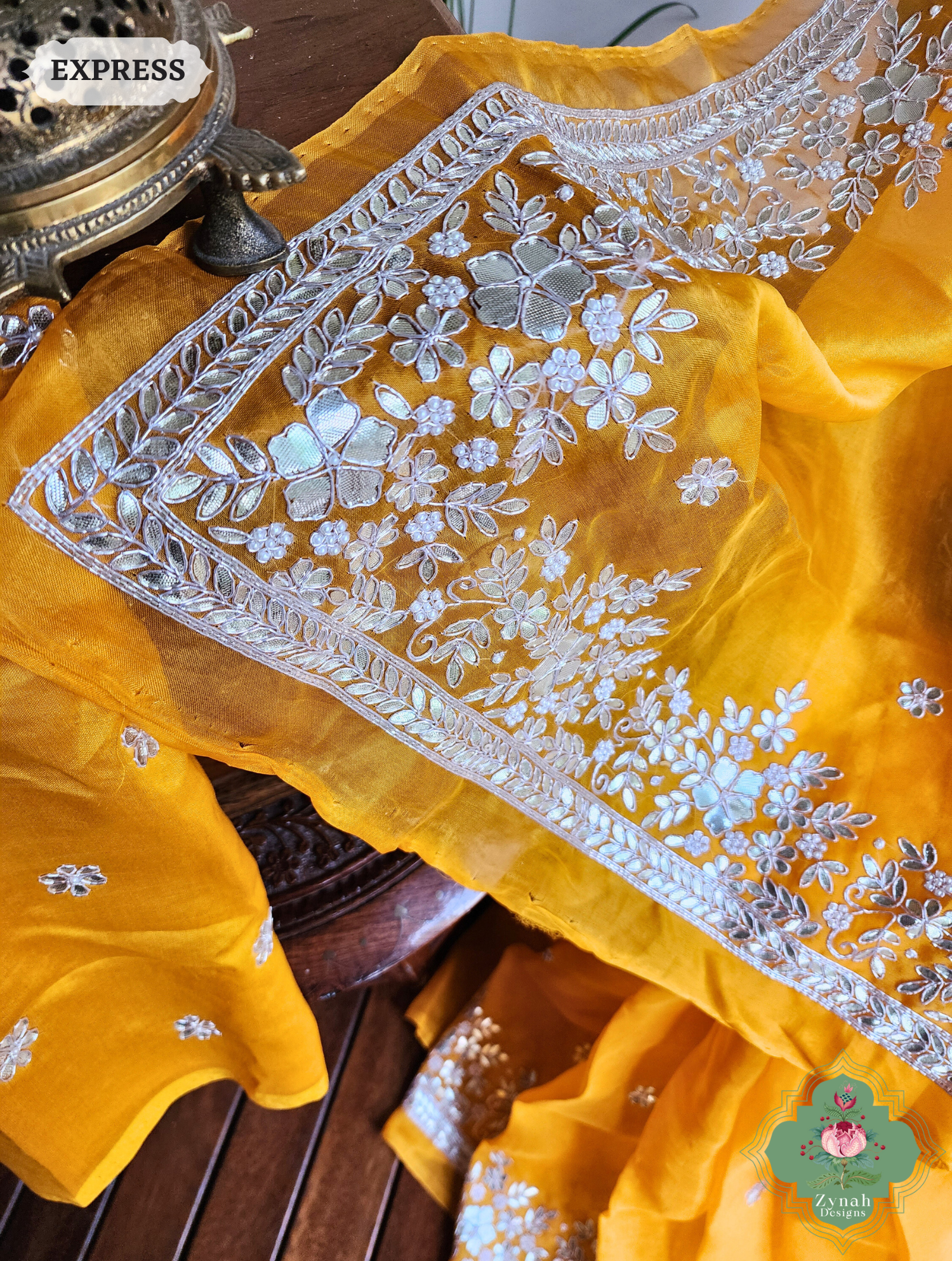 Golden Yellow Organza Silk Saree With Gota Patti & Pearl Hand Embroidery 