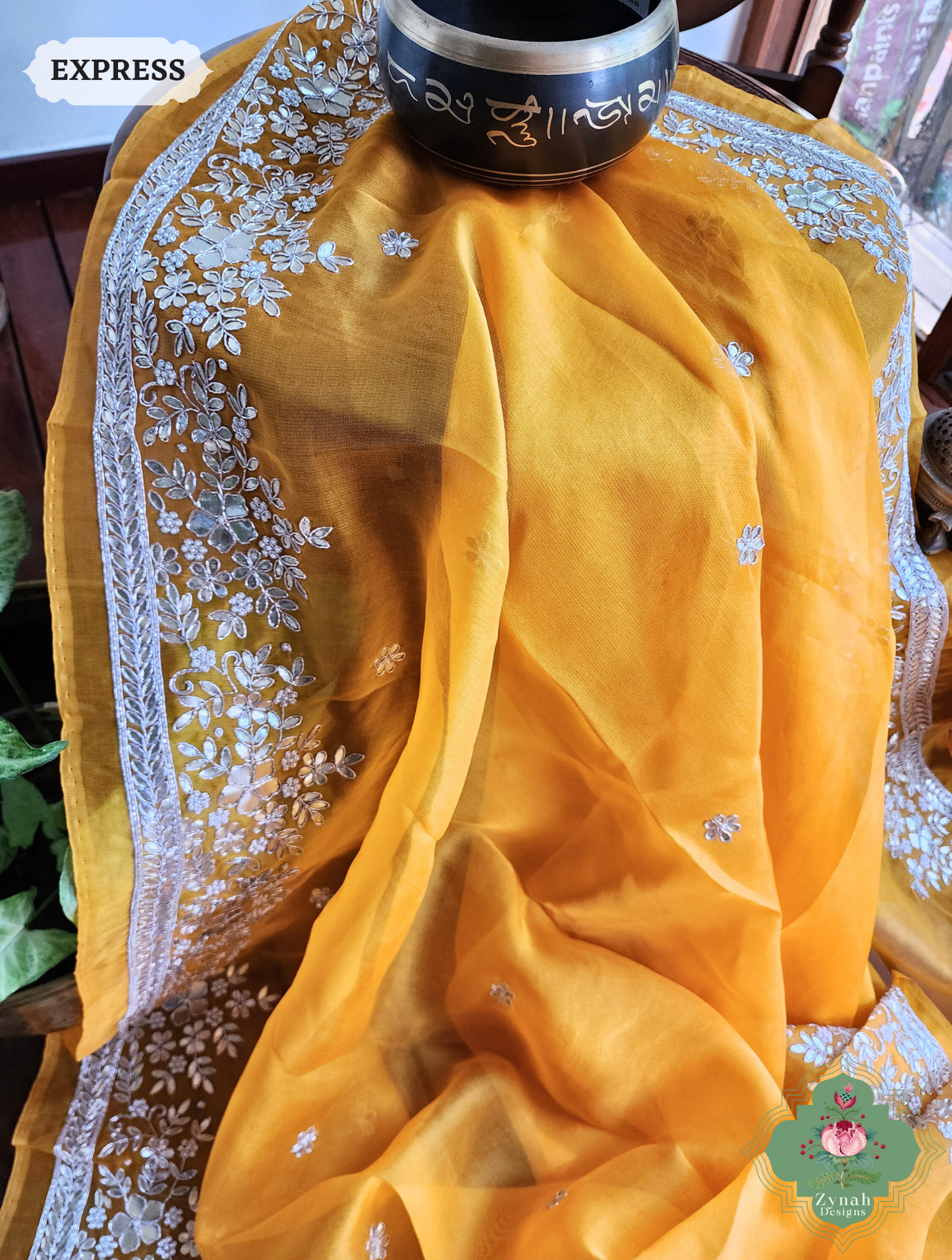 Golden Yellow Organza Silk Saree With Gota Patti & Pearl Hand Embroidery 8