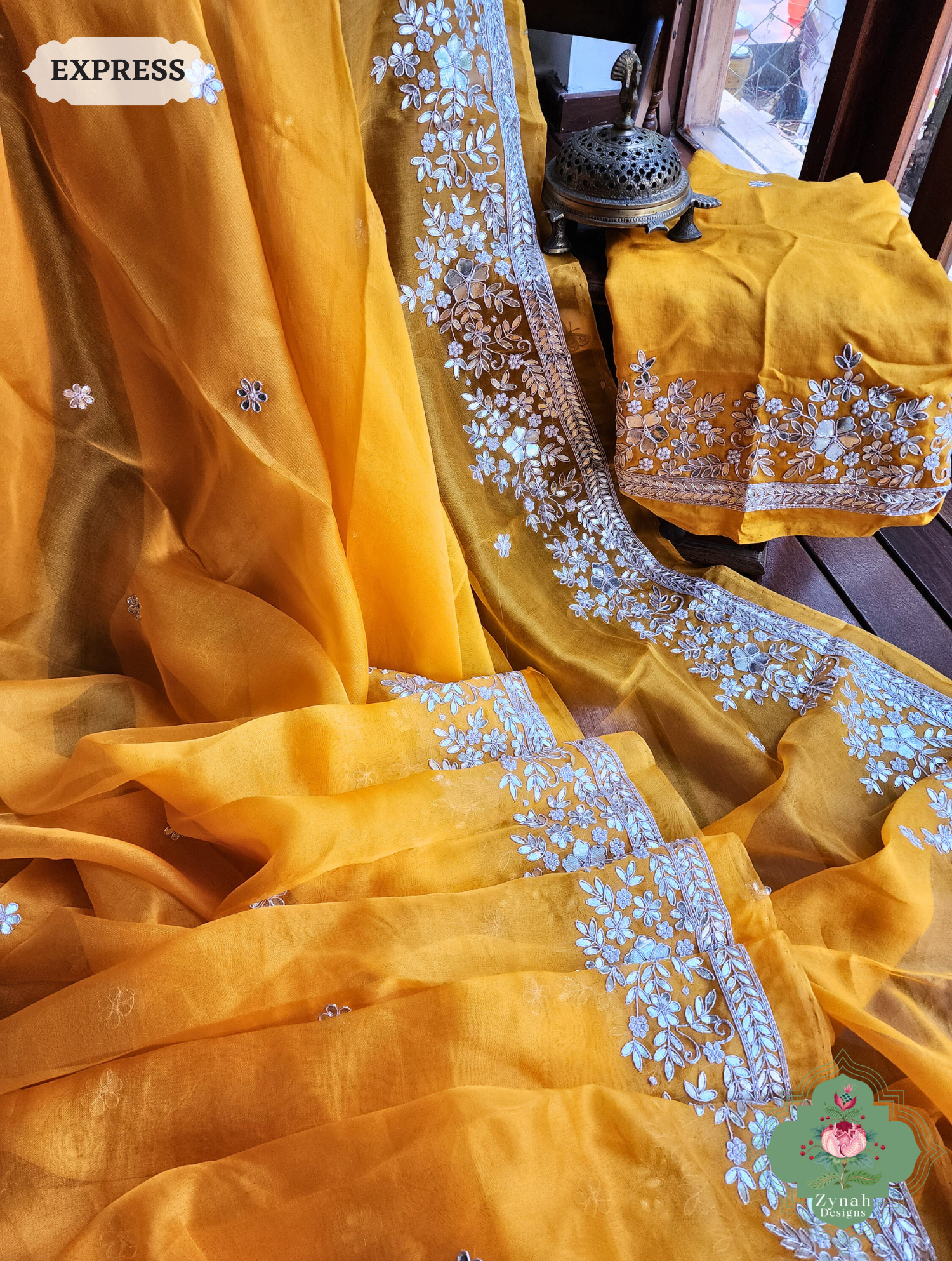Golden Yellow Organza Silk Saree With Gota Patti & Pearl Hand Embroidery 9