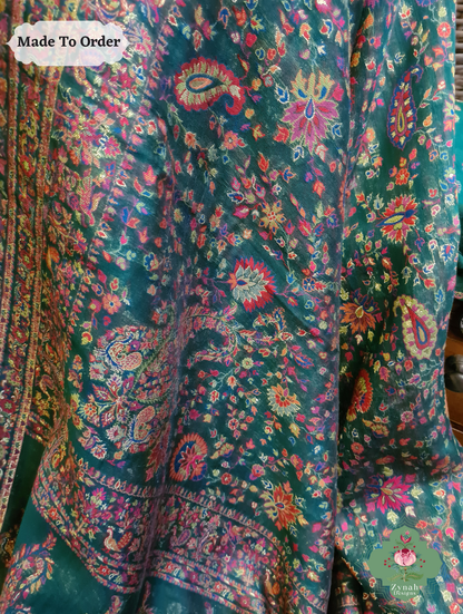 Zynah Green Kashmiri Pure Kani Silk Jamavar Saree; Custom Stitched/Ready-made Blouse, Fall, Petticoat; SKU: 0703202503