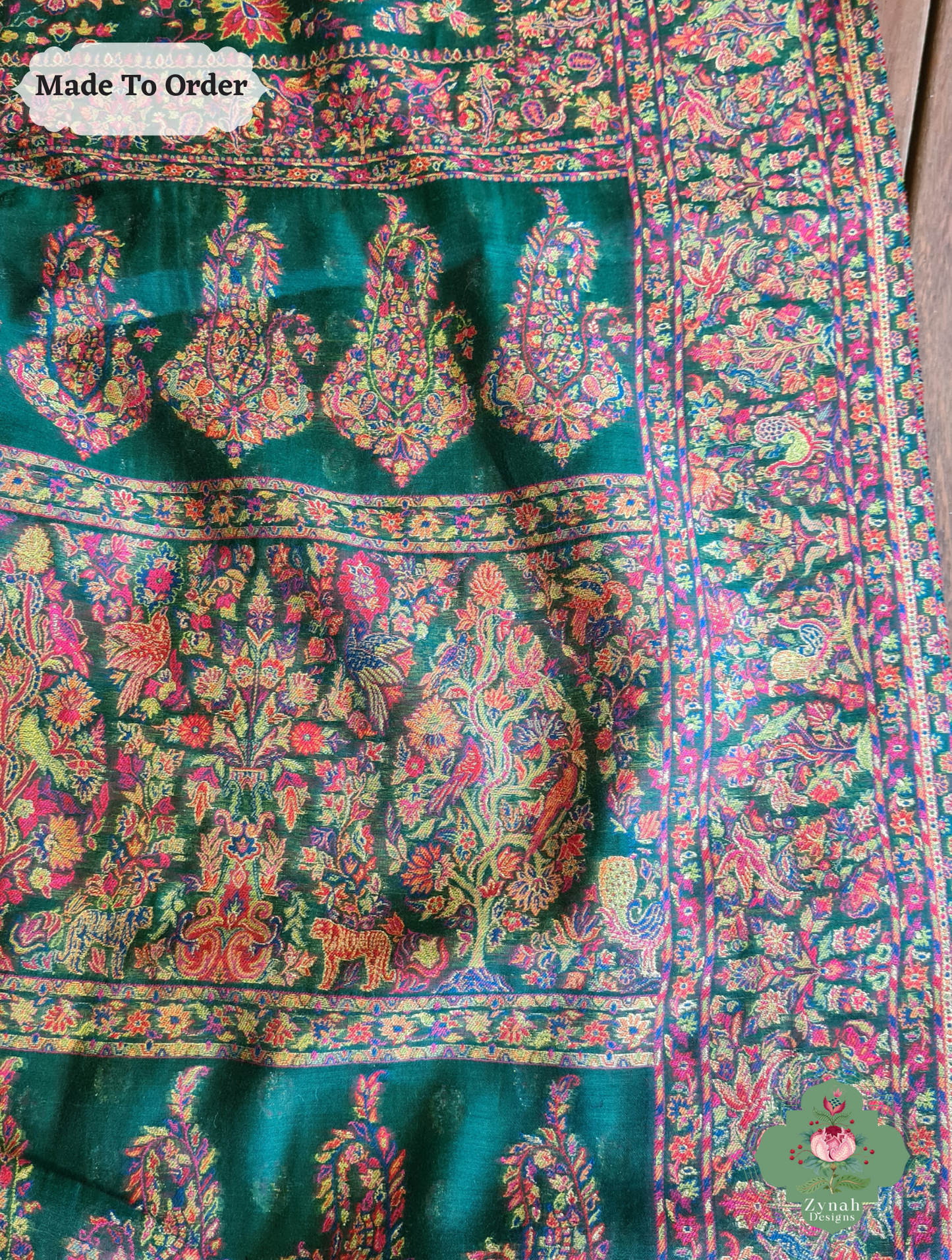 Zynah Green Kashmiri Pure Kani Silk Jamavar Saree; Custom Stitched/Ready-made Blouse, Fall, Petticoat; SKU: 0703202503