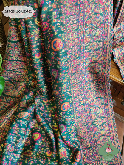Zynah Green Kashmiri Pure Kani Silk Jamavar Saree; Custom Stitched/Ready-made Blouse, Fall, Petticoat; SKU: 0703202503