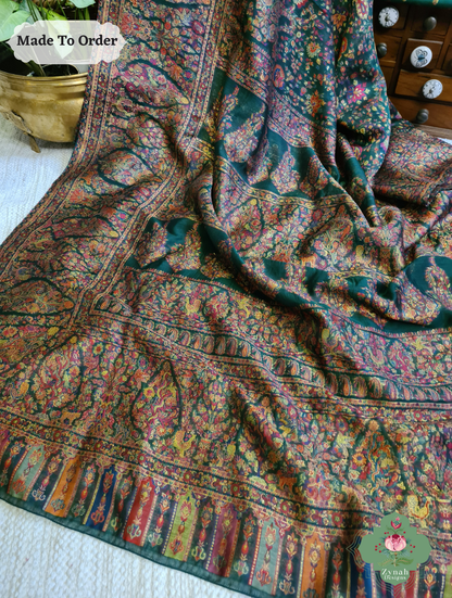 Zynah Green Kashmiri Pure Kani Silk Jamavar Saree; Custom Stitched/Ready-made Blouse, Fall, Petticoat; SKU: 0703202503