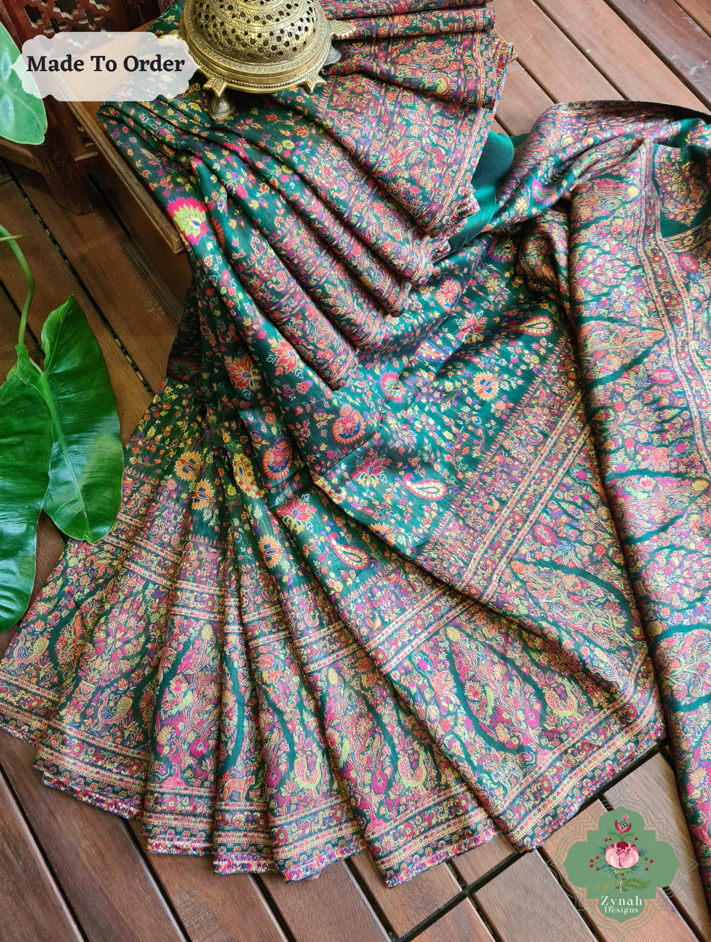 Zynah Green Kashmiri Pure Kani Silk Jamavar Saree; Custom Stitched/Ready-made Blouse, Fall, Petticoat; SKU: 0703202503
