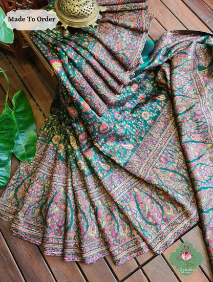 Zynah Green Kashmiri Pure Kani Silk Jamavar Saree; Custom Stitched/Ready-made Blouse, Fall, Petticoat; SKU: 0703202503