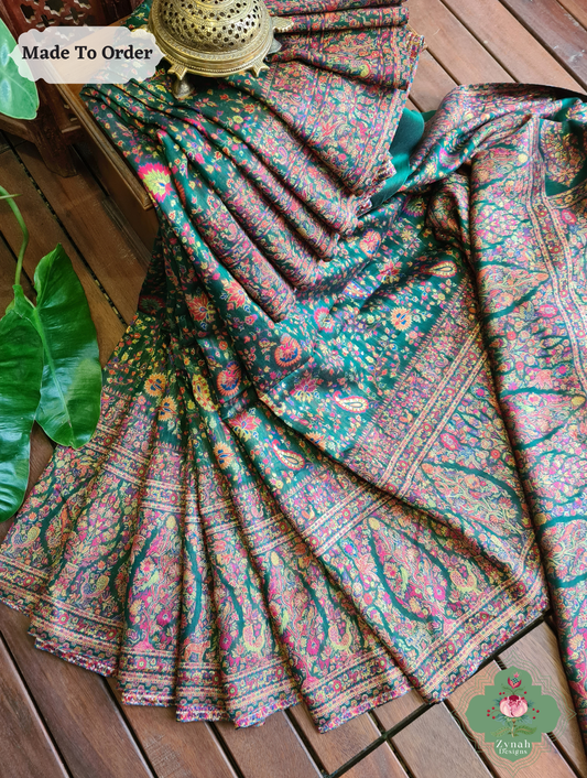 Zynah Green Kashmiri Pure Kani Silk Jamavar Saree; Custom Stitched/Ready-made Blouse, Fall, Petticoat; SKU: 0703202503