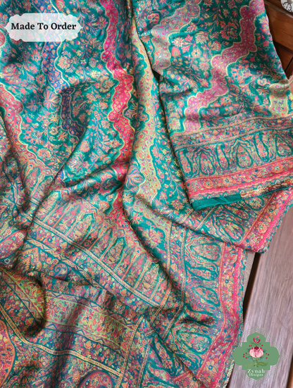 Zynah Green Kashmiri Pure Kani Silk Jamavar Saree; Custom Stitched/Ready-made Blouse, Fall, Petticoat; SKU: 0703202505