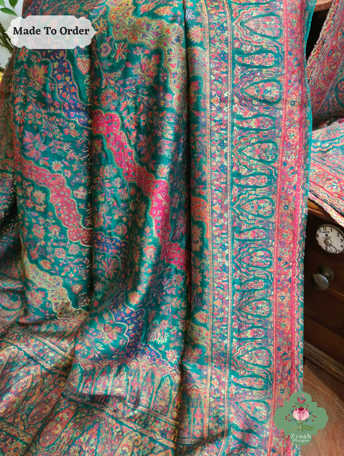 Zynah Green Kashmiri Pure Kani Silk Jamavar Saree; Custom Stitched/Ready-made Blouse, Fall, Petticoat; SKU: 0703202505