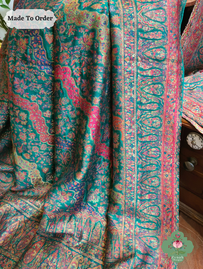 Zynah Green Kashmiri Pure Kani Silk Jamavar Saree; Custom Stitched/Ready-made Blouse, Fall, Petticoat; SKU: 0703202505
