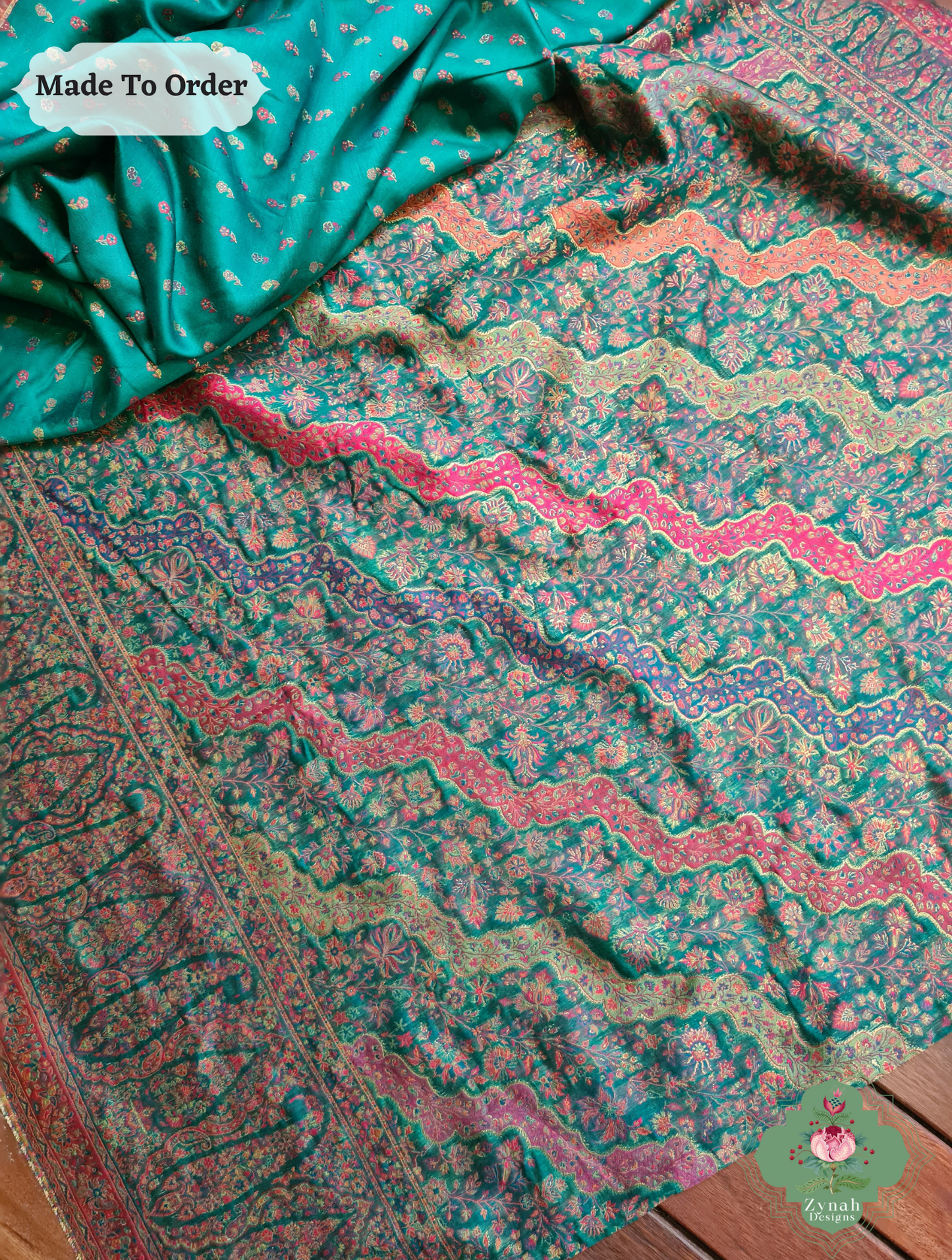 Zynah Green Kashmiri Pure Kani Silk Jamavar Saree; Custom Stitched/Ready-made Blouse, Fall, Petticoat; SKU: 0703202505