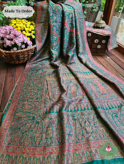 Zynah Green Kashmiri Pure Kani Silk Jamavar Saree; Custom Stitched/Ready-made Blouse, Fall, Petticoat; SKU: 0703202505