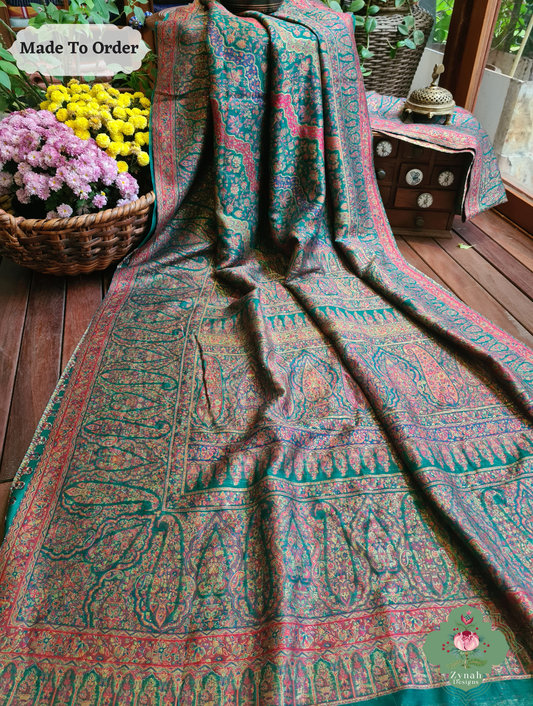 Zynah Green Kashmiri Pure Kani Silk Jamavar Saree; Custom Stitched/Ready-made Blouse, Fall, Petticoat; SKU: 0703202505