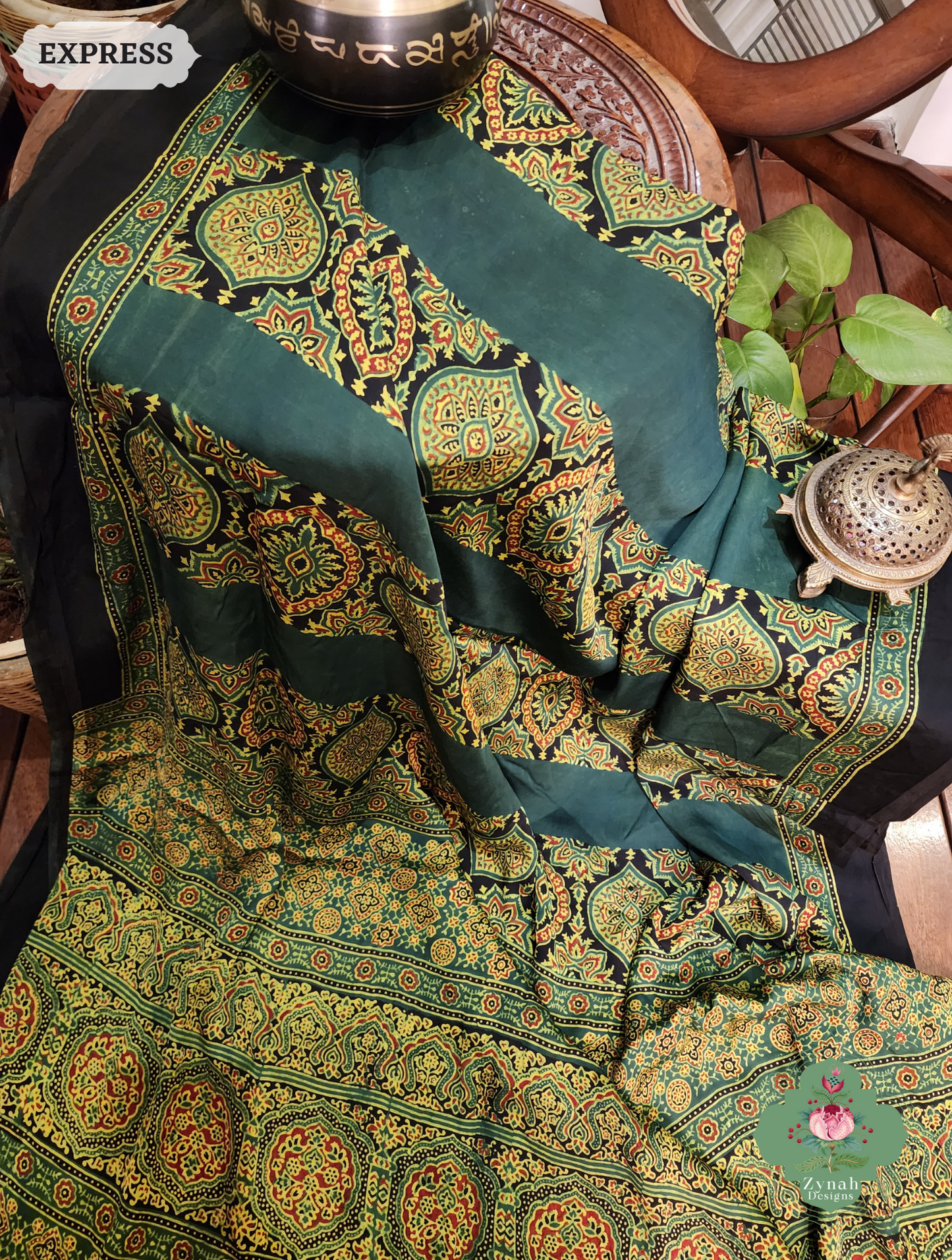 Zynah Green Modal Ajrakh Silk Saree Crafted Using The Traditional Method Of Hand Block Printing Using 100% Natural Dyes; Custom Stitched/Ready-made Blouse, Fall, Petticoat; SKU: 1402202505