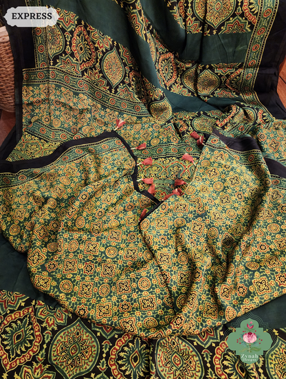 Zynah Green Modal Ajrakh Silk Saree Crafted Using The Traditional Method Of Hand Block Printing Using 100% Natural Dyes; Custom Stitched/Ready-made Blouse, Fall, Petticoat; SKU: 1402202505