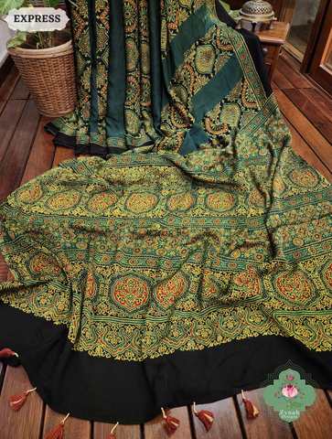 Zynah Green Modal Ajrakh Silk Saree Crafted Using The Traditional Method Of Hand Block Printing Using 100% Natural Dyes; Custom Stitched/Ready-made Blouse, Fall, Petticoat; SKU: 1402202505