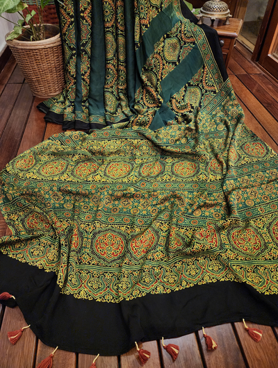 Zynah Green Modal Ajrakh Silk Saree Crafted Using The Traditional Method Of Hand Block Printing Using 100% Natural Dyes; Custom Stitched/Ready-made Blouse, Fall, Petticoat; SKU: 1402202505