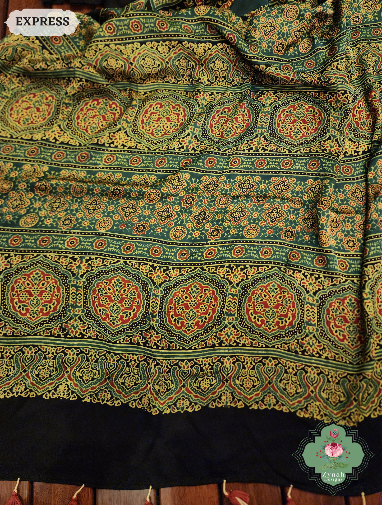 Zynah Green Modal Ajrakh Silk Saree Crafted Using The Traditional Method Of Hand Block Printing Using 100% Natural Dyes; Custom Stitched/Ready-made Blouse, Fall, Petticoat; SKU: 1402202505