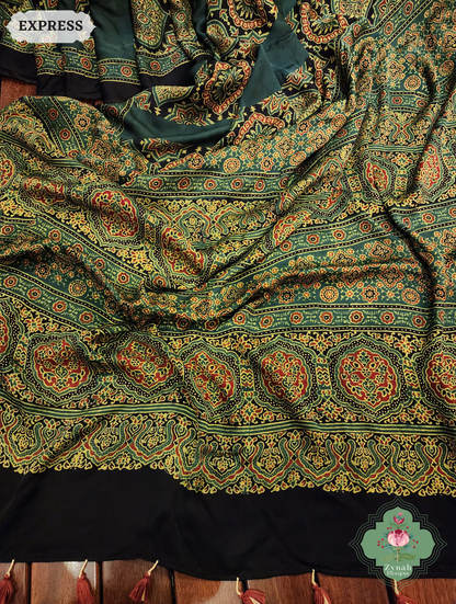 Zynah Green Modal Ajrakh Silk Saree Crafted Using The Traditional Method Of Hand Block Printing Using 100% Natural Dyes; Custom Stitched/Ready-made Blouse, Fall, Petticoat; SKU: 1402202505