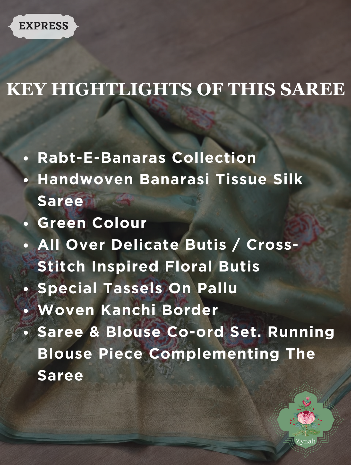 Green Handwoven Banarasi Tissue Silk Saree With Kanchi Border, All Over Butis & Cross-Stitched Inspired Butis