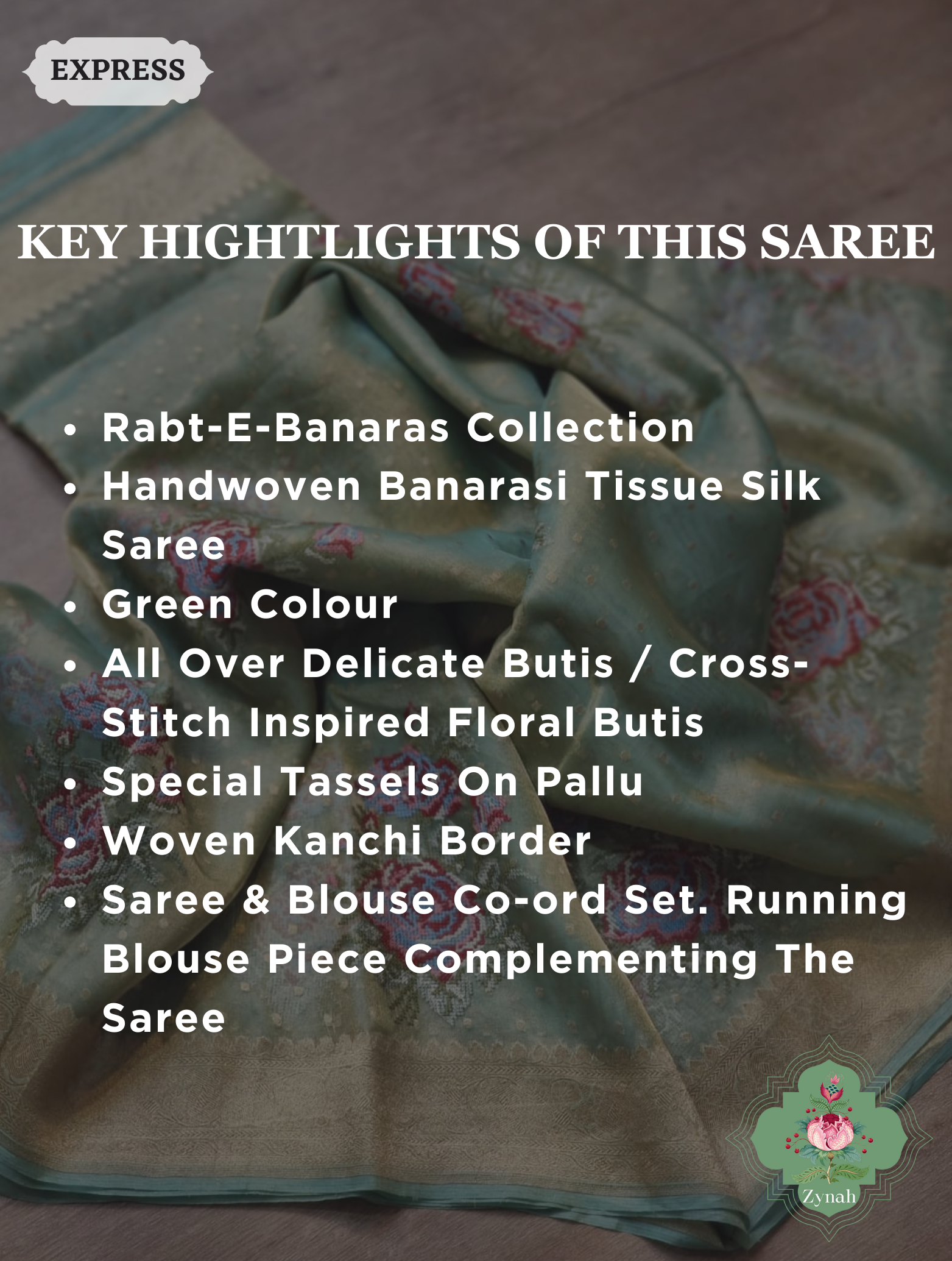 Green Handwoven Banarasi Tissue Silk Saree With Kanchi Border, All Over Butis & Cross-Stitched Inspired Butis
