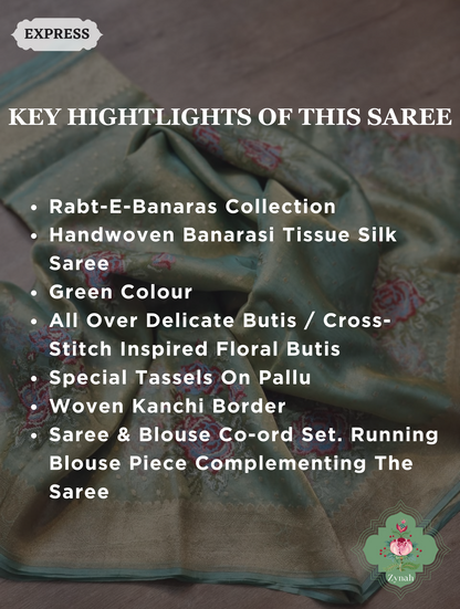 Green Handwoven Banarasi Tissue Silk Saree With Kanchi Border, All Over Butis & Cross-Stitched Inspired Butis