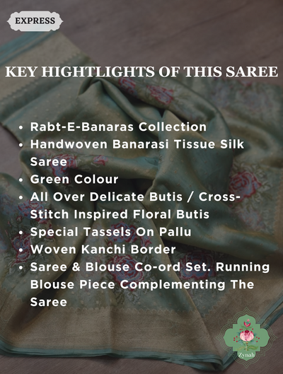 Green Handwoven Banarasi Tissue Silk Saree With Kanchi Border, All Over Butis & Cross-Stitched Inspired Butis